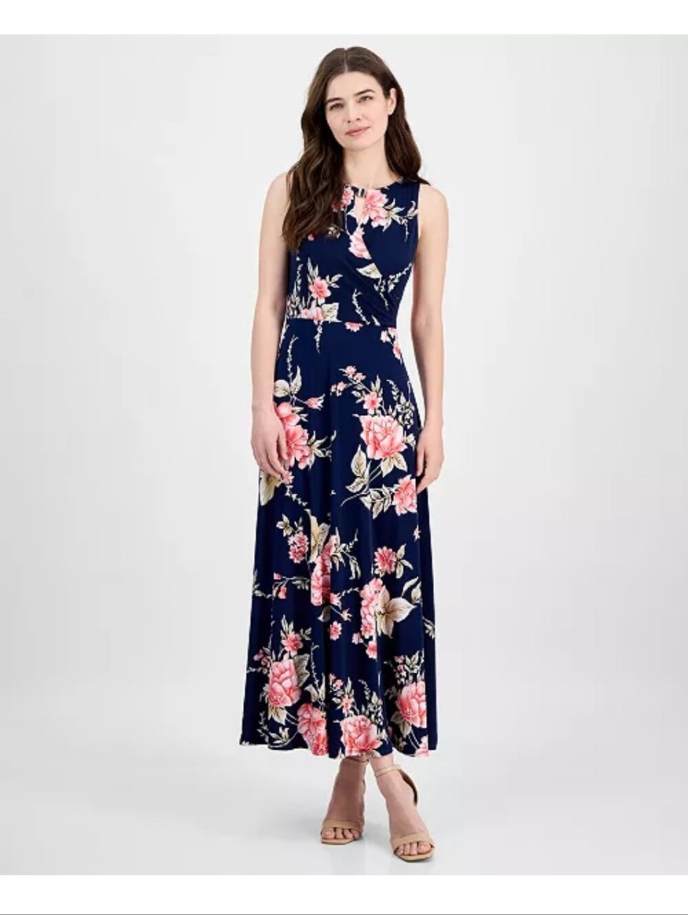 Sandra Darren Navy Blue Pink Floral Sleeveless Maxi Dress XL Wedding Guest
